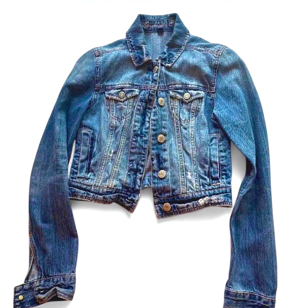 American Eagle Outfitters Blue Distressed Cropped Jean Jacket